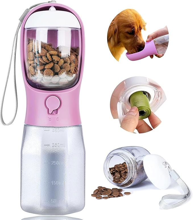Dog Water Bottle with Food Container, Portable Pet Dog Water Dispenser for Outdoor Walking,Hiking,Travel,Puppy Essentials,Puppy Supplies,Replaceable Waste Bags