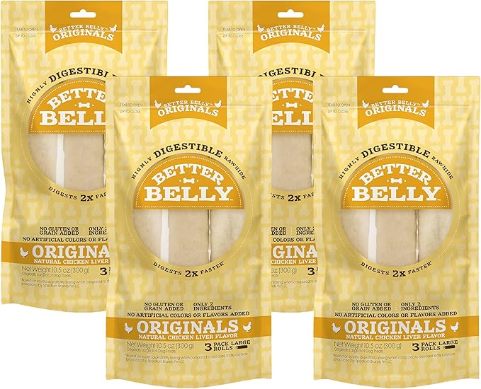 Better Belly Highly Digestible Rawhide Large Roll Chews, 3 Count (Pack of 4)