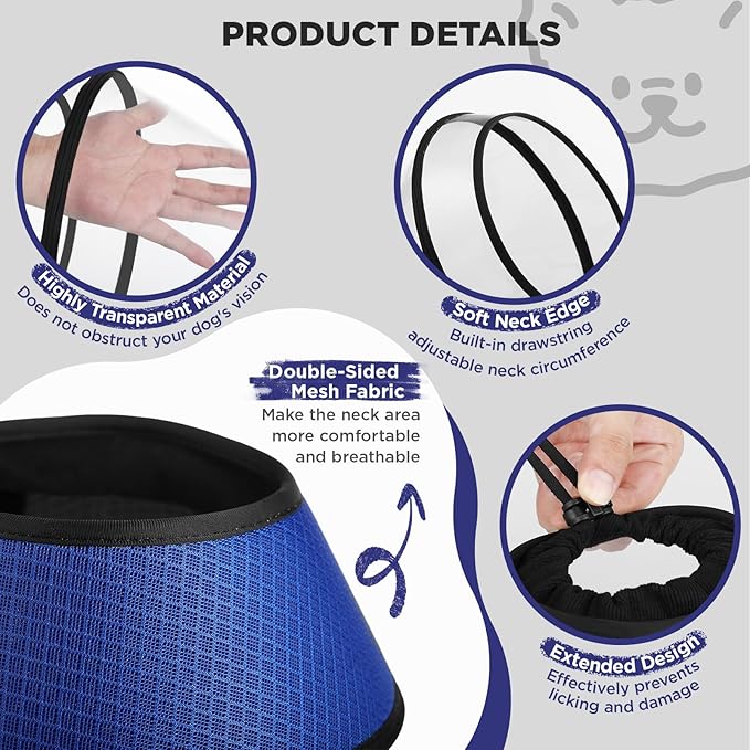 Soft Dog Cone for Dogs After Surgery,Transparent Breathable Dog Cone Collar for Small Large Medium Size Dog,Adjustable Depth Pet Recovery Collars,Elizabethan Collar for Dogs Stop Licking (Blue-S)