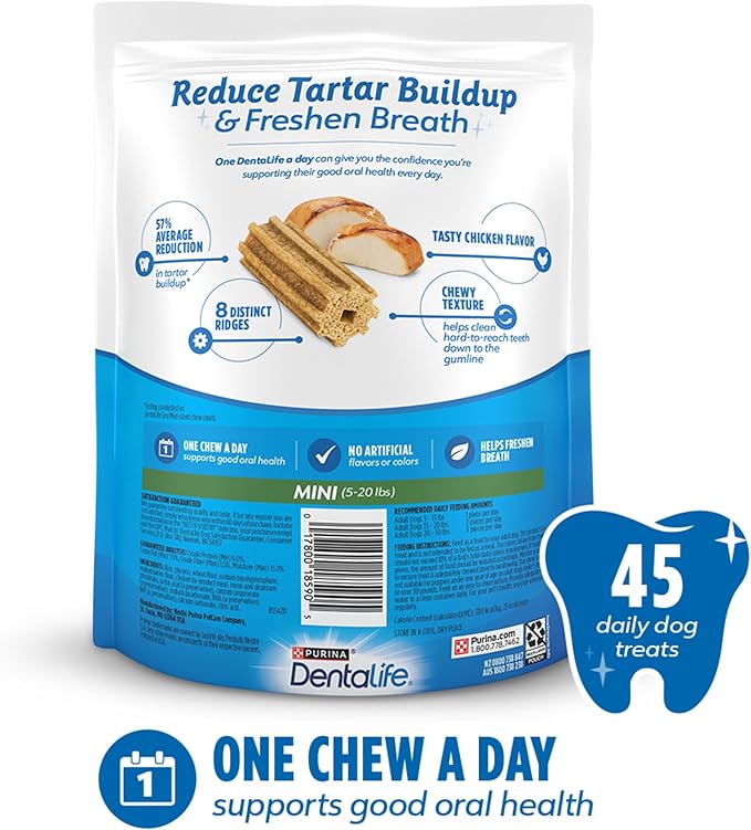 Dentalife Daily Oral Care Dog Treats for Small Dogs 5-20 lbs.,Chewy Dental Treat to Freshen Breath and Fight Tartar,Chicken Flavor,14.7 oz. Each,90 Chews - 2 x 45 ct. Pouch, 90 Count(Pack of 2)