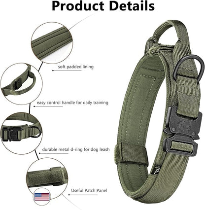 DAGANXI Tactical Dog Collar, Adjustable Military Training Nylon Dog Collar with Control Handle and Heavy Metal Buckle for Medium and Large Dogs, with Patches and Airtags Case (XL, Green-Set)