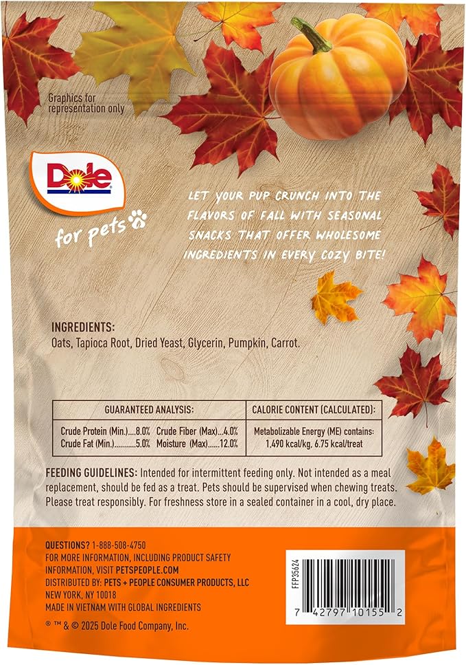 Dole for Pets Dog Biscuits Pup-kin Spice Pumpkin Fall Flavor, Real Vegetable Flavor Vegan Crunchy Treats, No Wheat Corn Soy or Artificial Additives, Bite Size Training Snacks for Dogs, 7 Oz