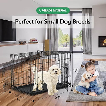 Dog Crate, 24/30/36/42/48 Inch Dog Crates for Small Medium Large Dogs Indoor, Folding Metal Dog Kennel Dog Cage with Double-Door, Divider Panel, Removable Tray, Locks and Handle, (24 Inch, Black)