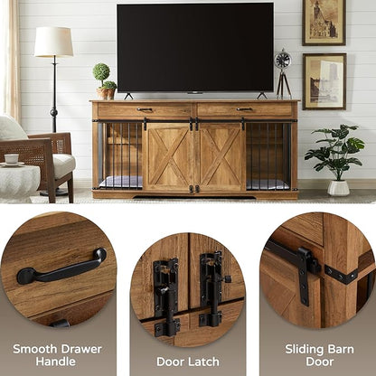 72.5" XXL Wooden Double Dog Crate Furniture for 2 Large Breeds, Farmhouse Barn Door, Removable Divider, Water Resistant with Built-in Drawers, Home Decor Pet Kennel, Rustic Oak