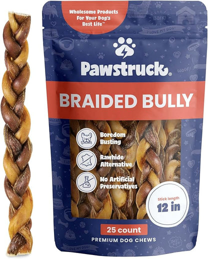 Pawstruck Natural 12” Braided Bully Sticks for Dogs - Tough, Long-Lasting, Rawhide-Free, Low Odor, Healthy Single Ingredient Chew Treat for Aggressive Chewers - 25 Count - Packaging May Vary