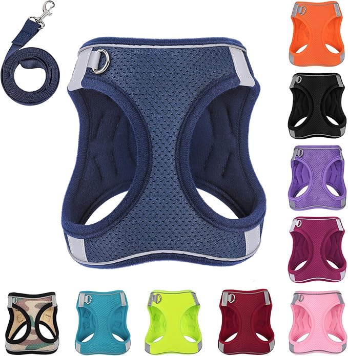 Dog Harness with Leash Set, No-Pull Step-in Reflective Pet Harness with 1 Leash Clips, Adjustable Soft Padded Easy Walk Dog Vest for Small Medium Large Dogs, Cats(Dark Blue, XLarge)