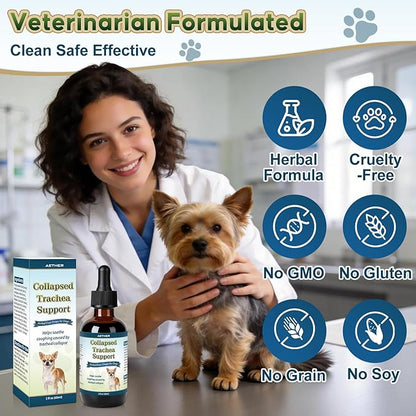 Collapsed Trachea Support for Dogs, Support Tracheal & Respiratory Health, Trachea Cough Elixir, Airway & Throat Comfort Drops for Small Breeds, Dogs Dry Hacking Cough Relief, Herbal Formula 2 fl oz