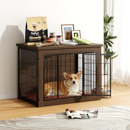Greesum Modern Dog Crate Furniture That Doubles as a Side Table - Sturdy Wooden Kennel with Double Door Design, Equipped with Soft Cushion & Chew-Resistant Resign, Suitable for Dogs