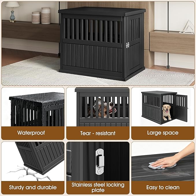 Bifanuo 40-Inch Dog Crate Furniture, Heavy Duty Dog Crate for Large and Medium Dog, Lockable Indoor Outdoor Dog Kennel & End Table, Decorative Plastic Pet Cage (Black)