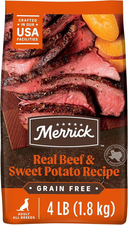 Merrick Premium Grain Free Dry Adult Dog Food, Wholesome and Natural Kibble, Real Beef and Sweet Potato - 4.0 lb. Bag