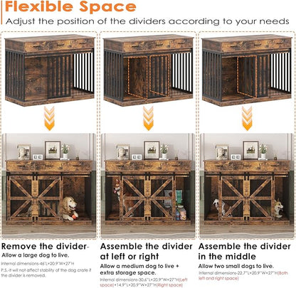 Saudism Dog Crate Furniture for Large Dog or 2 Small Dogs, Wooden Large Dog Kennel with 3 Storage Drawers and 2 Sliding Doors, Decorative Dog Cage TV Stand with Removable Divider, Classic Brown