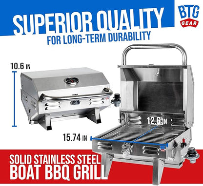 Tailwaves Marine Boat Grill w/Rod Holder Mount | Stainless Steel | Propane Boats & Tailgating & Camping | Built in Thermometer | Portable | Fold-away legs