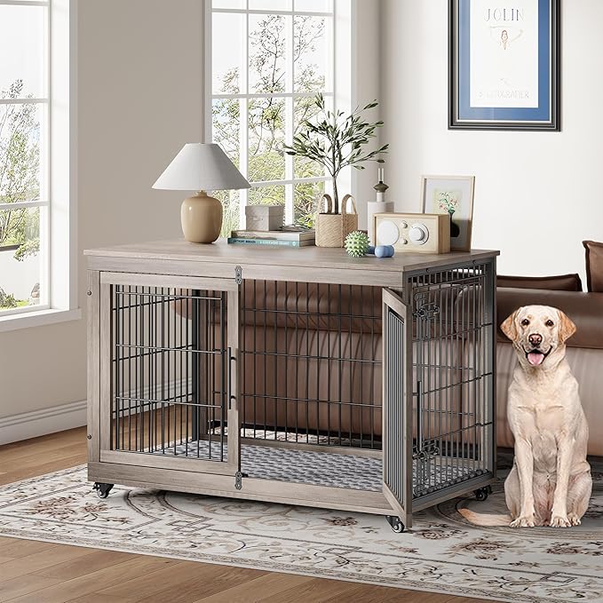 YaFiti Dog Crate Furniture with Cushion Set of 2, Wooden Dog Kennel Indoor with Double Doors, Dog Cage with Wheels, Dog House Side End Table for Large Dogs up to 85 lb, 44" L, Grey