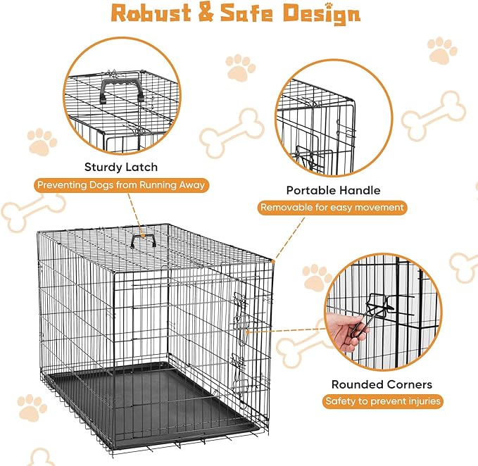 DUMOS Dog Crate, 42 Inch Large Double Door Dog Cage with Plastic Leak-Proof Pan Tray, Folding Metal Wire Pet Kennel for Indoor, Outdoor, Travel