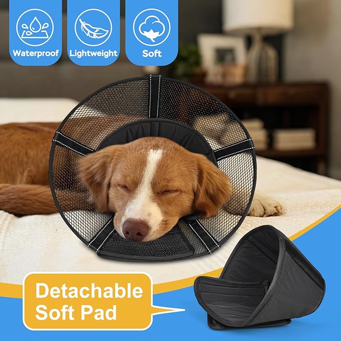 Dog Cone Collar to Stop Licking: Soft Mesh Recovery Collar After Surgery with Detachable Pad, Elizabeth Cone Alternative for Large Medium, Small Dogs, Normal Eating and Drinking (XL, Jet Black)