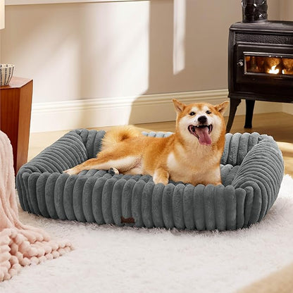 Bedsure ComfyFleece™ Washable Dog Bed for Medium Dogs - Cute Furry Puppy Beds, Rectangle Orthopedic Corduroy Fleece Pet Beds with Removable Zipper Cover, 30x24x8inches, Warm Grey