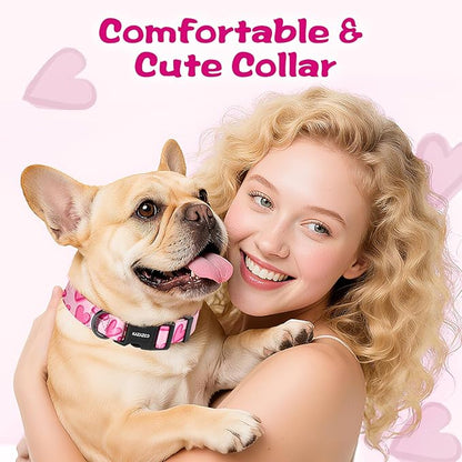 Kazazoo Dog Collar Cute and Soft Nylon Puppy Collar Girl, Adjustable Dog Collars for Small Medium Dogs, Hot Pink Heart-XS
