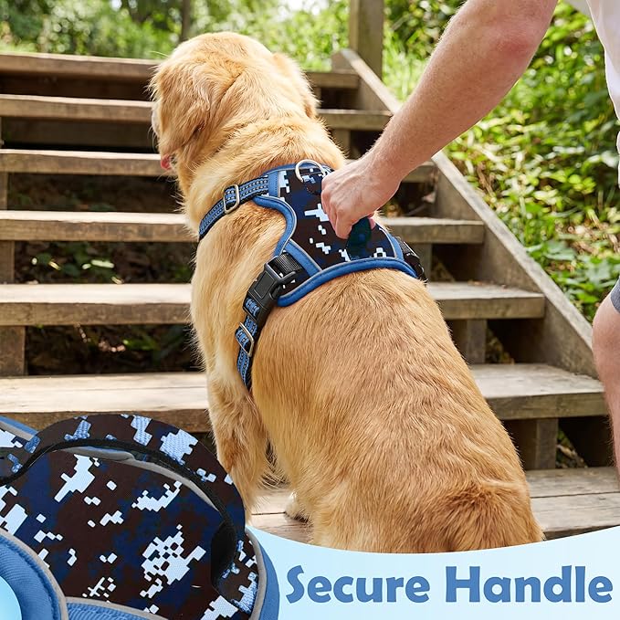 Funfox Dog Harness No Pull, Adjustable Pet Vest Harness, Super Soft Material with Vertical Handle Easy Control, Reflective Night Walking, 2 Leash Clips for Medium Sized Dogs, Mosaic Blue, M