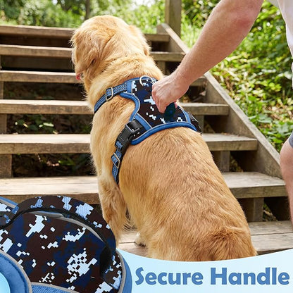 Funfox Dog Harness No Pull, Adjustable Pet Vest Harness, Super Soft Material with Vertical Handle Easy Control, Reflective Night Walking, 2 Leash Clips for Large Dogs, Mosaic Blue, L