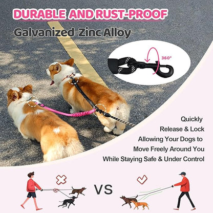 Double Dog Leash - 360°Swivel Tangle Free Splitter Attachment, 2 Dogs Multi-Functional Leashes, Dual Rope for Outdoor Walk Train Small Medium Large Two Pet, Fuchsia