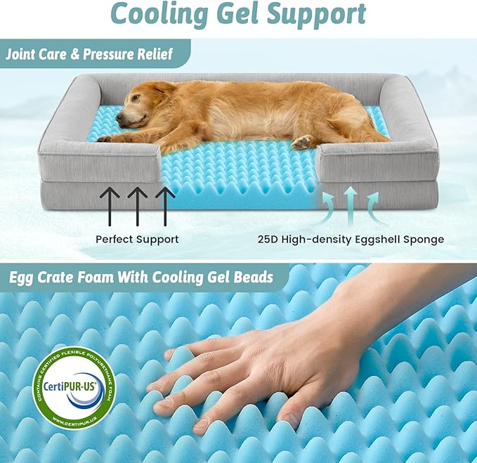 Cooling Dog Bed for Extra Large Dogs 44x32 inch, Q-Max >0.4 Summer Cool Orthopedic Foam Pet Sofa Bed with Sides, XL Size Bolster Anti-Slip Couch with Washable Removable Cover, Grey