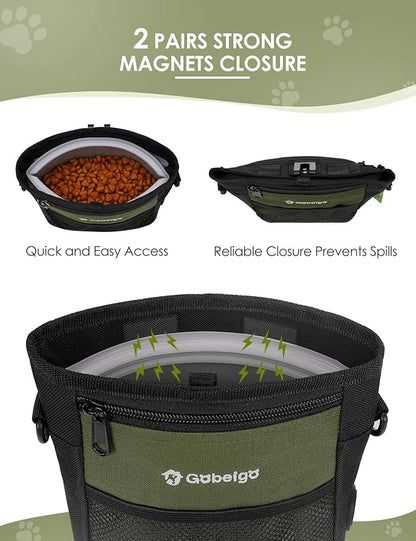 Gobeigo Dog Treat Pouch, Magnetic Closure & Sealable Silicone Bag Insert, 4-Cup Capacity – Belt Clip/Waist Belt/Crossbody Wear, Clicker Included – Great for Pet Training & Walking (Army Green)