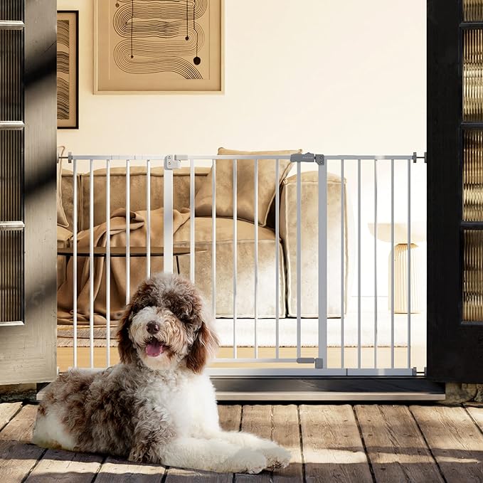 InnoTruth 29.5–49.75" Extra Wide Baby Gate for Stairs, 28" Tall Walk Through Dog Gate for Stairs & Doorways, Pressure-Mounted Safety Gate for Pets & Kids, Dual Lock & 2-Way Swing, White