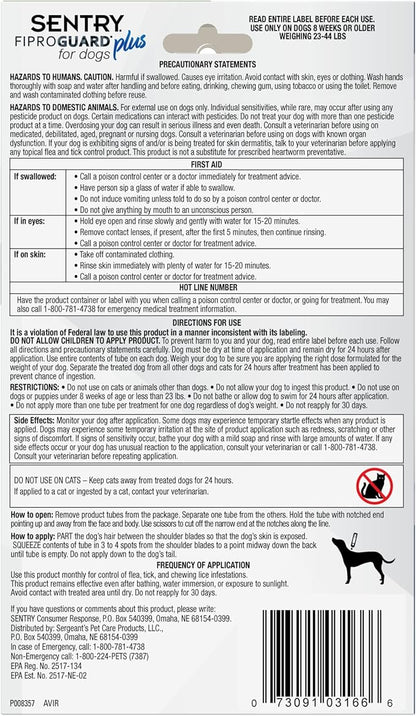 Sentry Fiproguard Plus for Dogs, Flea and Tick Prevention for Dogs (23-44 Pounds), Includes 6 Month Supply of Topical Flea Treatments