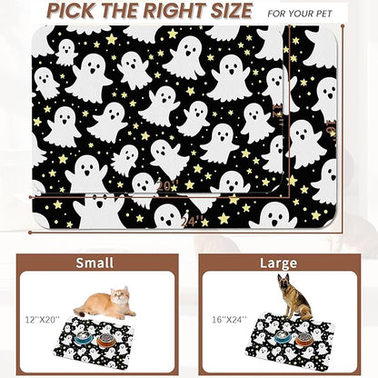 Halloween Pet Feeding Mat,Ghosts Absorbent Quick-Dry Cat Dog Food and Water Bowl Mats,Non-Slip Rubber Backing Mat,Cat Dog Accessories Supplies 16"x24"