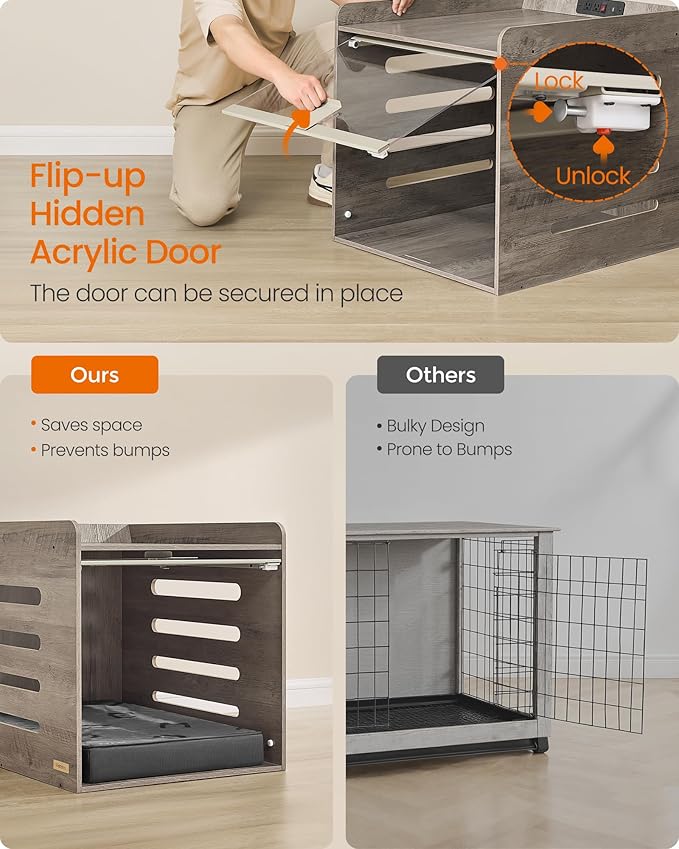 Feandrea Modern Dog Crate Furniture with Charging Station, Medium Kennel Indoor with Flip-up Hidden Acrylic Door, for Small and Medium Dogs up to 45 lb, Pet Side End Table Cage, Heather Greige