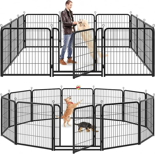 Kfvigoho Dog Playpen Outdoor Extra Wide 12 Piece Panels Heavy Duty Dog Fence 32" Height Anti-Rust with Doors Portable for RV Camping Yard, Total 32FT, 79 Sq.ft, Snowy Black