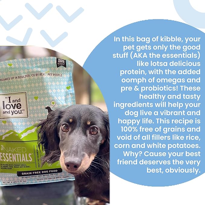 I and love and you Naked Essentials Dry Dog Food - Chicken + Duck - High Protein, Real Meat, No Fillers, Prebiotics + Probiotics, 4lb Bag