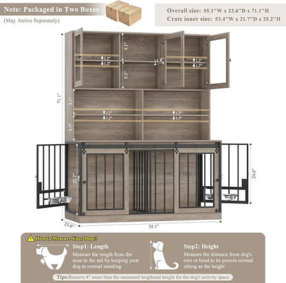 HOSTACK 71" Tall Dog Crate Furniture, 55" W Dog Kennel with Storage Hutch, XL Dog Crate for Dogs with Feeding Bowls, Indoor Heavy Duty Dog Cage with Removable Room Divider, Wooden Pet House, Ash Grey