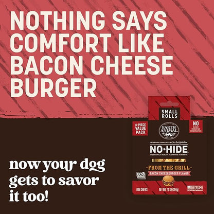 Earth Animal No Hide Chews - from the Grill Rolls Bacon Cheeseburger Flavor Rawhide Free Small Dog Chews - 6 Count