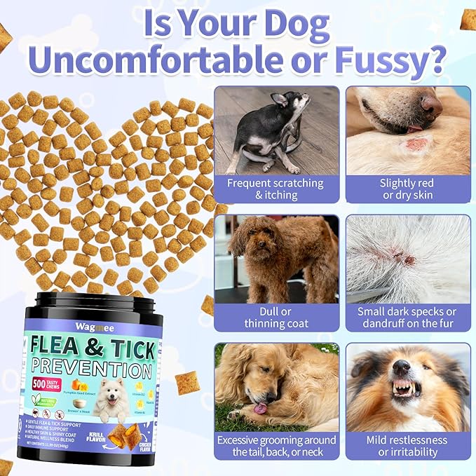 Flea and Tick Prevention for Dogs Chewables – 500 Crunchy & Creamy Tasty Chews, Natural Dog Flea and Tick Treatment Chewable, Oral Flea Chews Supplement for Dogs Puppies, All Breeds & Ages, Chicken