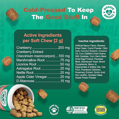 Doggie Dailies Cranberry Supplement for Dogs Bacon Flavored - Urinary Tract, Bladder & Kidney Support for Dogs - Cranberry with Marshmallow Root, Licorice Root & Apple Cider Vinegar, 225 Soft Chews