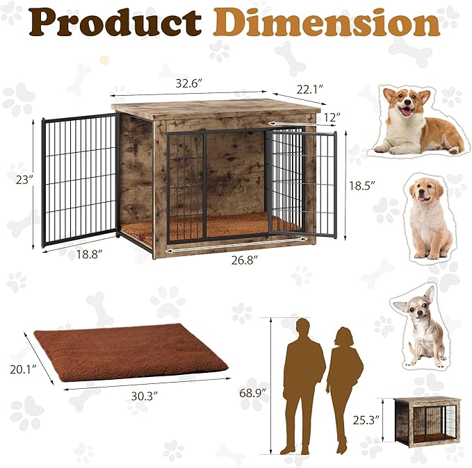 Dog Crate Furniture with Thick Cushion, Side End Table Wooden Dog Cage with Double Doors, Chew-Resistant Dog Kennel Dog House Indoor for Small to Large Dog