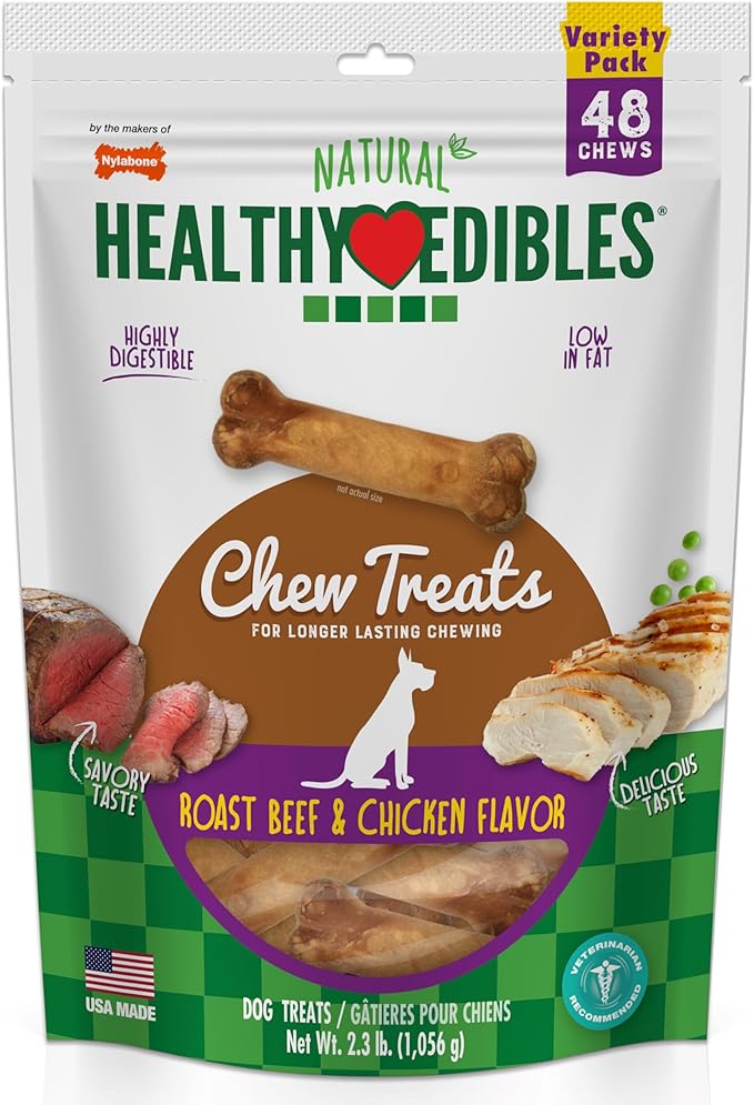 Nylabone Healthy Edibles Natural Dog Chews, Long Lasting Bones for Dogs, Roast Beef & Chicken Flavor Dog Treats, X-Small (48 Count)