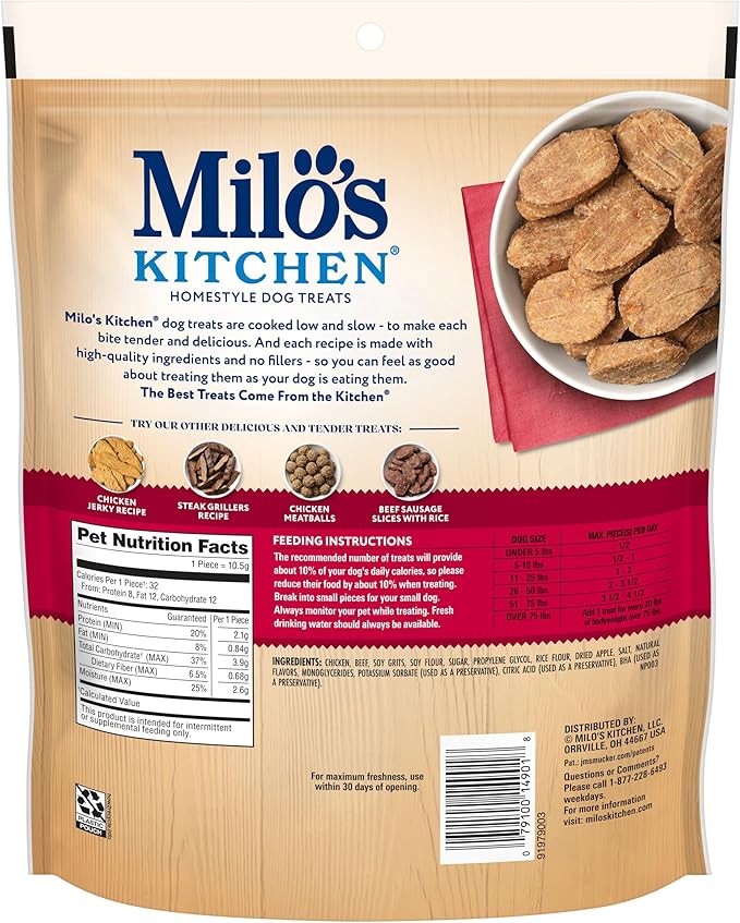 Milo’s Kitchen Chicken & Apple Sausage Slices Dog Treats, 18 Oz. Bag