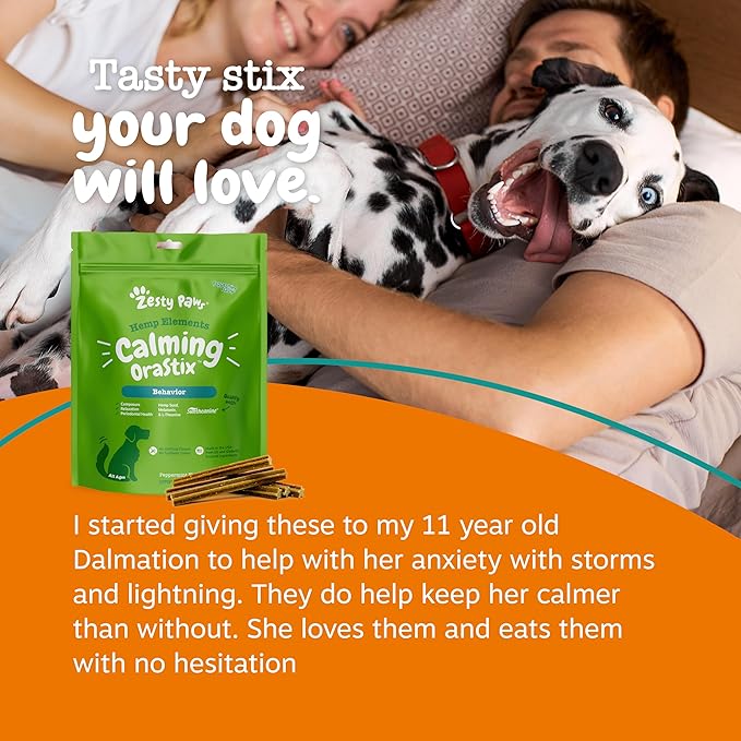 Zesty Paws OraStix for Dogs - Calming Dental Sticks for Stress with Hemp Melatonin Chamomile Dog Healthy Teeth and Gums Calm Composure for Fireworks and Thunderstorms - 12oz