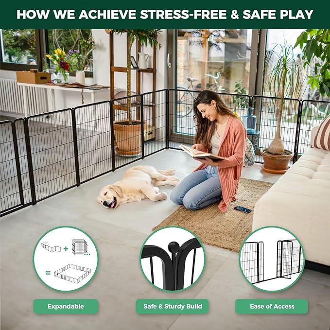 FXW Homeplus Unleashed Indoor Dog Playpen - Stress-Free and Safe Play, Heavy Duty 40 Inch 12 Panels Dog Pen for Medium and Large Dogs, Black│Patented