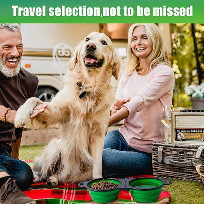 SLSON Collapsible Dog Dual Bowls Reinforced Rim 180 Degrees Flip Over Foldable Double Bowl with Lock Clips More Stable Dog Travel Bowls Pet Food Water Feeder (Green)