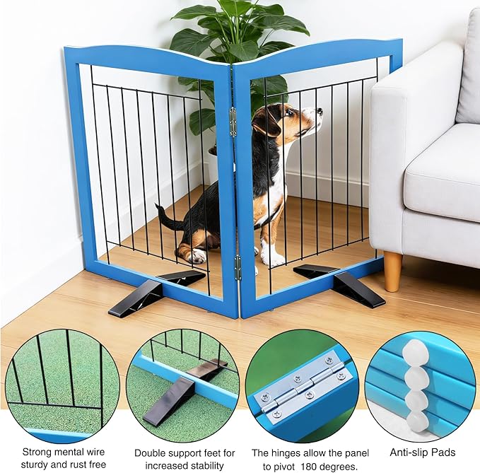 ZJSF Freestanding Dog Fence Indoor, Foldable Dog Gate for Doorways, Stairs or Hallways, Sturdy Wood Extra Wide Pet Gate with Support Feet for The House, Blue, 32 "Height-2 Panels