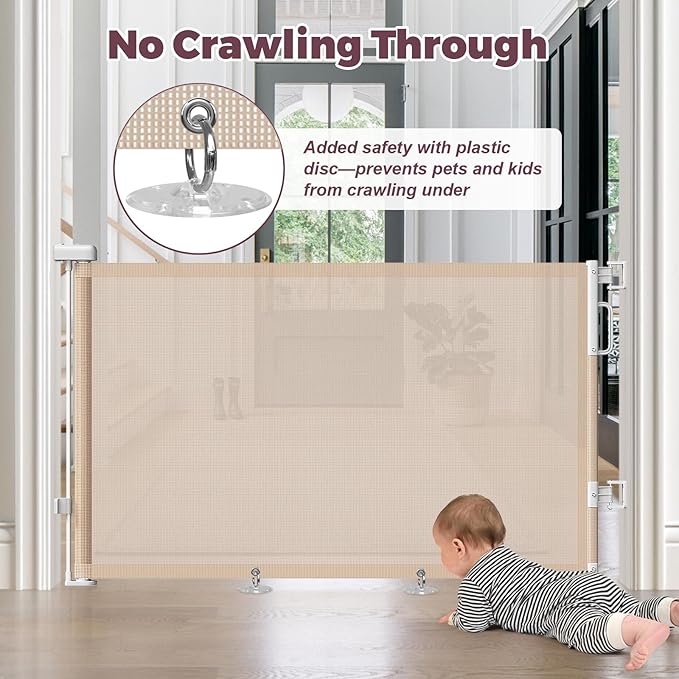 Retractable Baby Gate for Stairs, 55" Wide Mesh Dog Gate Indoor, 34" Tall Child Gate for Doorways, Hallways, Deck, Indoor Outdoor Pet Baby Safety Essentials for Home, Beige