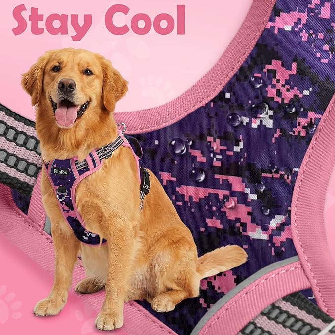 Funfox Dog Harness No Pull, Adjustable Pet Vest Harness, Super Soft Material with Vertical Handle Easy Control, Reflective Night Walking, 2 Leash Clips for Small Sized Dogs, Mosaic Pink, S
