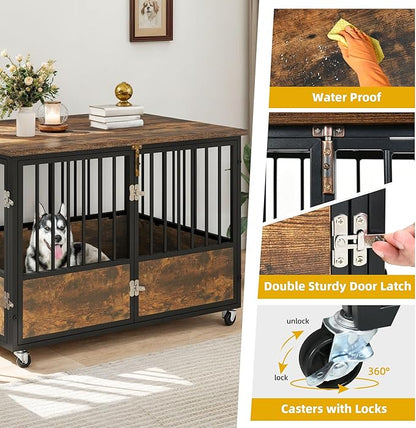 DWVO Dog Crate Furniture with Wheels, 43 Inch Dog Kennel Indoor Furniture End Table Dog Crate for Dogs, Farmhouse Decorative Wooden Dog Cage Table with Double-Doors, Chew-Resistant, Rustic Brown