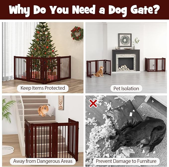 Giantex Dog Gate with Door - 30''H × 80''W Wooden Pet Gate with Walk Through Door, Foldable Freestanding 4 Panels Pet Safety Fence Extra Wide for Doorway Stairs House Deck Yard, Dark Cherry Brown