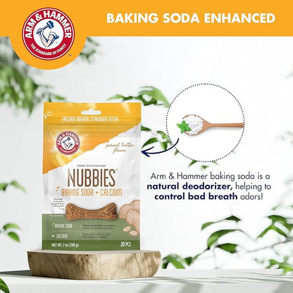 Arm & Hammer for Pets Nubbies Dental Treats - Baking Soda & Calcium Dog Dental Chews, Nubbed Texture Helps Scrub Plaque & Tartar While Chewing, Peanut Butter Flavor, 20 Count, 7 Ounce