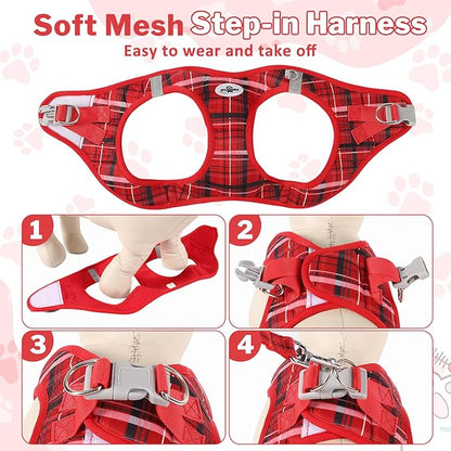Gyuzh No Pull Dog Harness - 3-in-1 Step in Harness Collar Leash Set for Small Dog Walking & Training, Easy Walk Style, Lightweight Plaid Vest (Red, M)