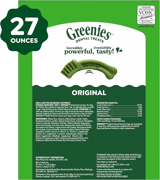 Greenies Veterinarian-Recommended Adult Natural Dental Dog Treats Large Size, Dog Dental Chews, Original Flavor, 27 oz. Pack, 17 Count